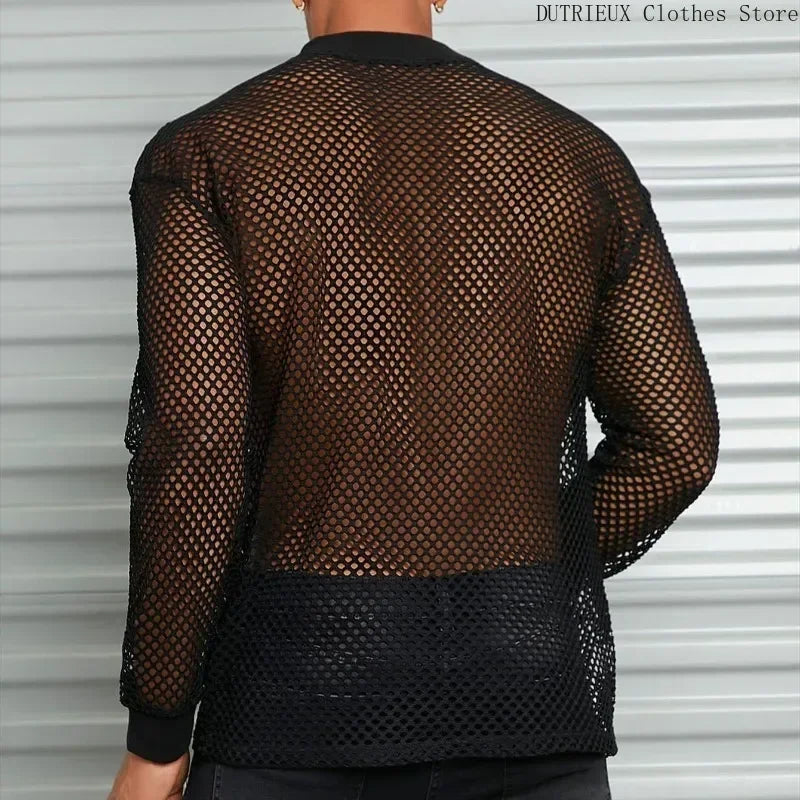 Spring &Autumn Breathable Mesh Men's Long Sleeve T-shirt Sexy See-through Mesh Men's T-shirt Bar Club Party Performance Clothing