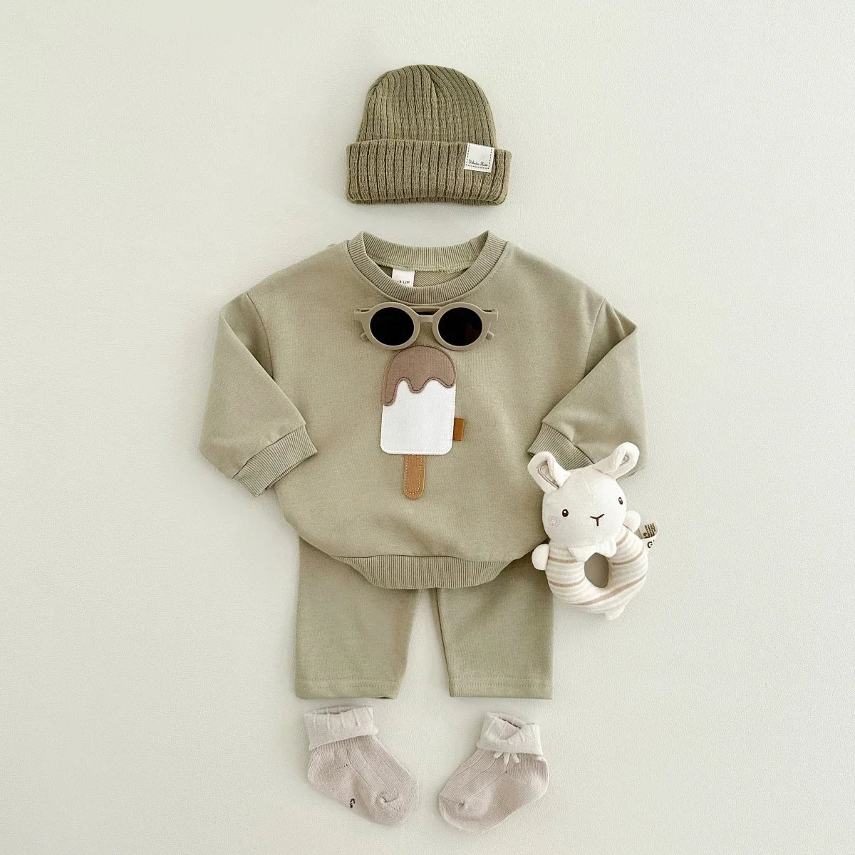 Autumn Baby Boys Girls Clothing Set Casual Ice Cream Pattern Patchwork Long Sleeved Pants Kids Cotton Suits Spring