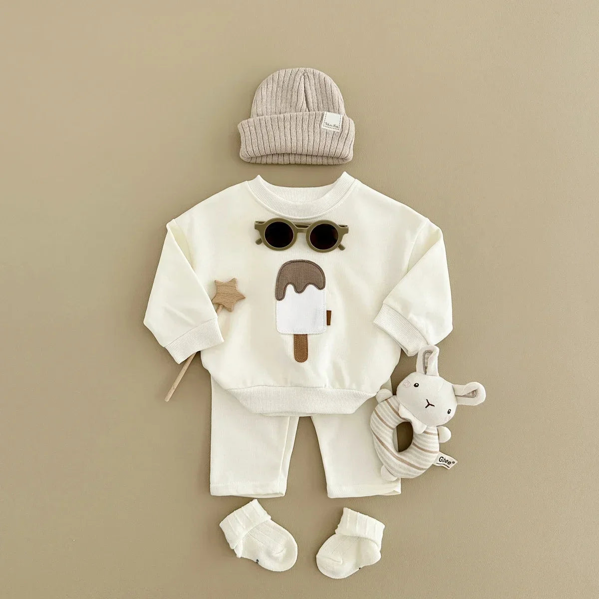 Autumn Baby Boys Girls Clothing Set Casual Ice Cream Pattern Patchwork Long Sleeved Pants Kids Cotton Suits Spring