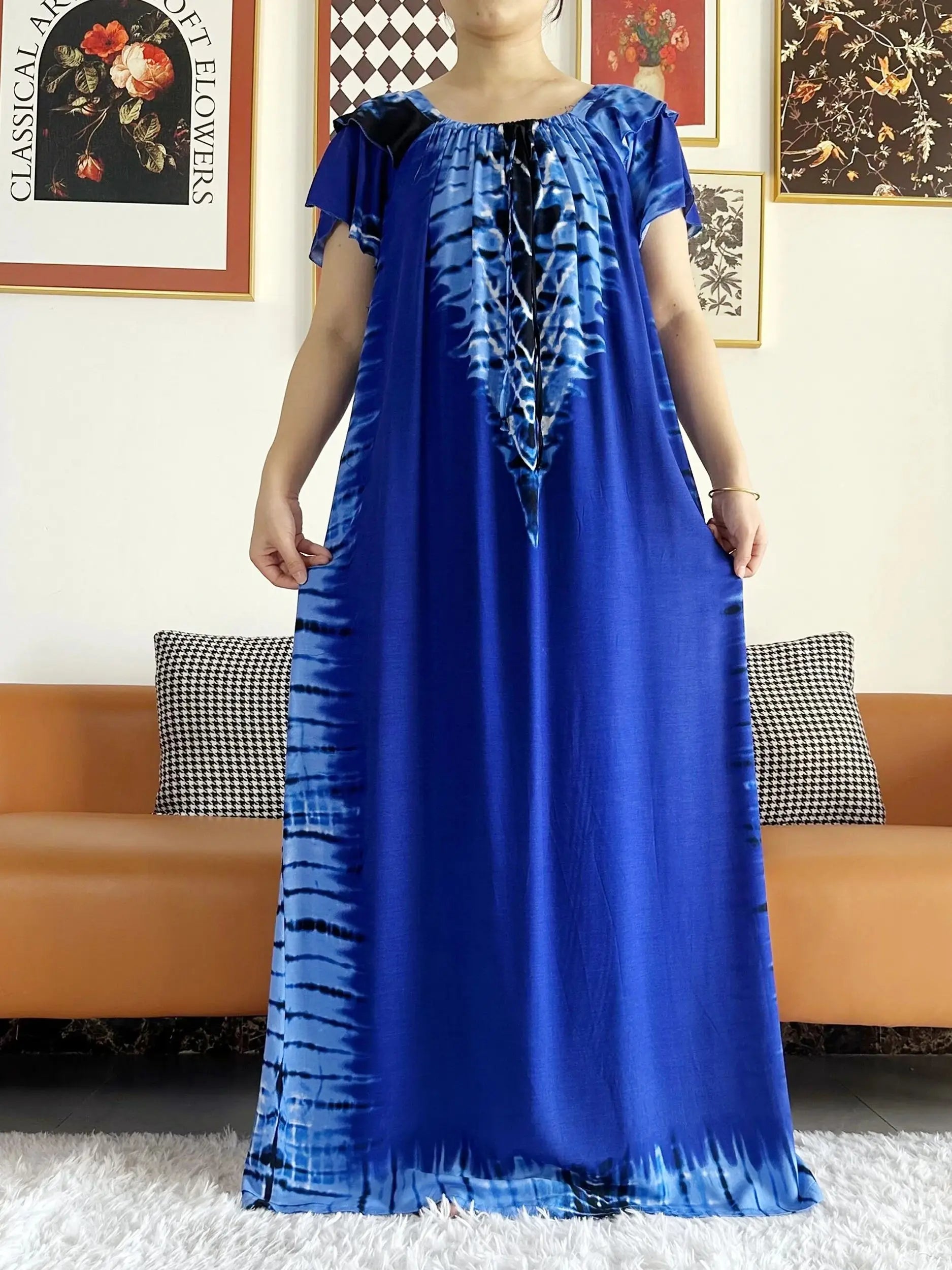 Abaya for Women  African Lady Short Sleeve Loose Dress Solid Cotton Boat-Neck Floral Boubou Maxi Islam Women African Clothes