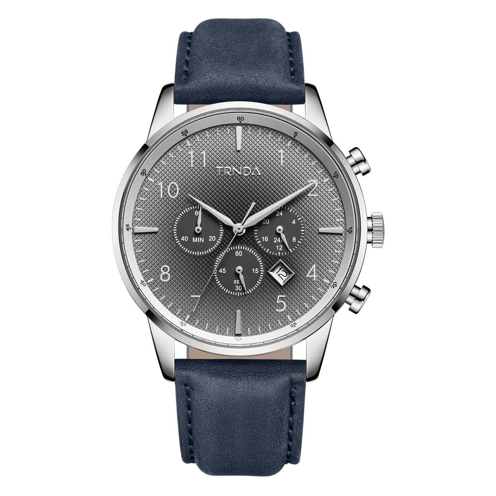 Trnda Men's Stainless Steel Watch, Blue Leather Band | Trn43mm