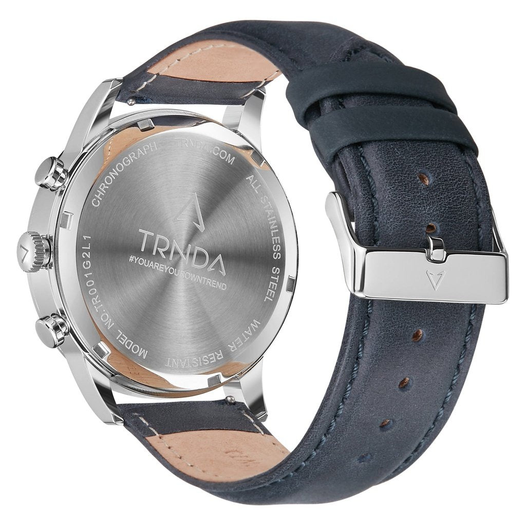 Trnda Men's Stainless Steel Watch, Blue Leather Band | Trn43mm