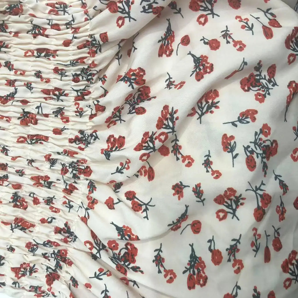 2025 Spring Summer New Dress Women Mini Dresses Female Short Sleeve Elastic Bust Printed Floral Pleated Backless Casual Dress