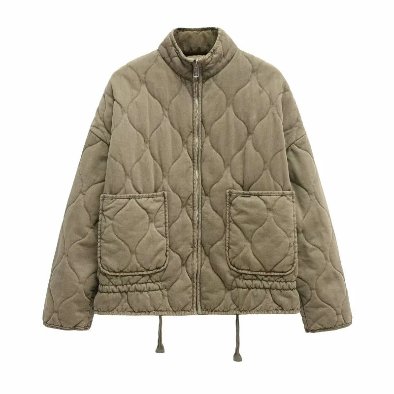 ZW Women's Cotton Jacket Traf 2024 New Arrival Vintage Lenzing Rayon High Collar Large Pocket Decorative Quilted Coat for Women