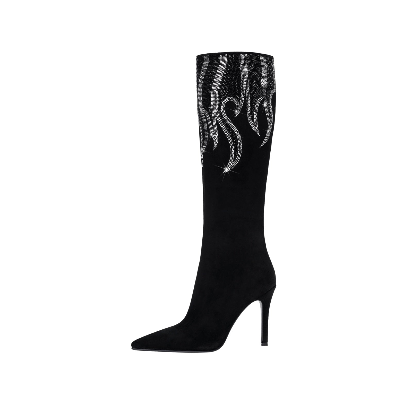 Black and Sliver Flame Pointed Toe Knee High Boots