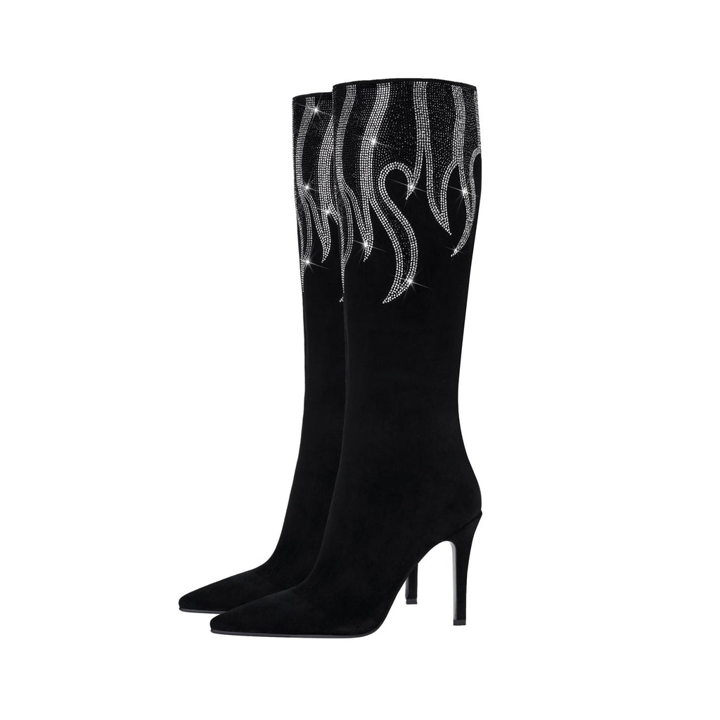 Black and Sliver Flame Pointed Toe Knee High Boots