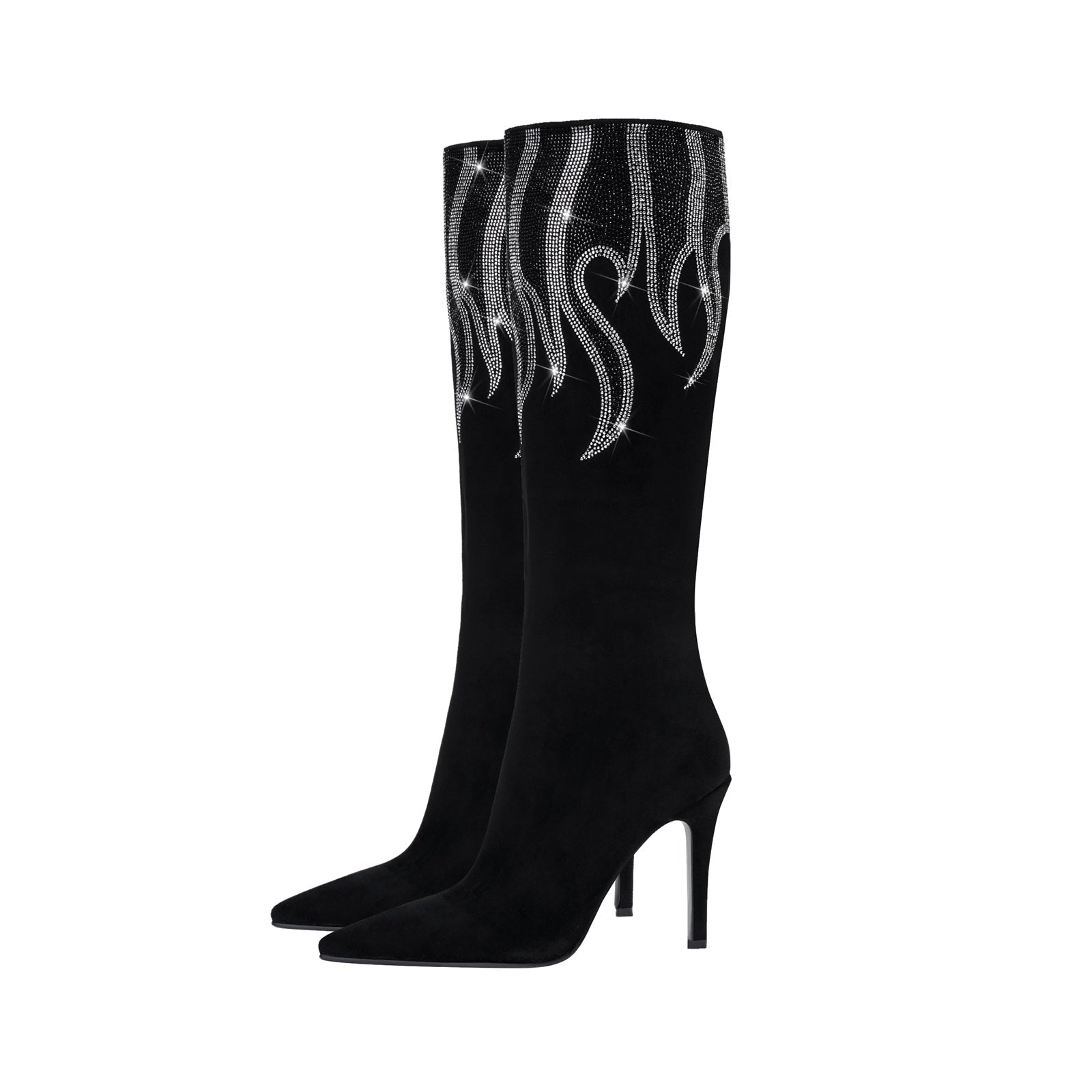Black and Sliver Flame Pointed Toe Knee High Boots