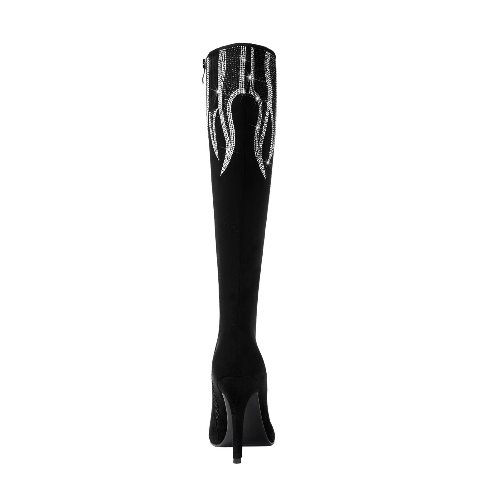 Black and Sliver Flame Pointed Toe Knee High Boots
