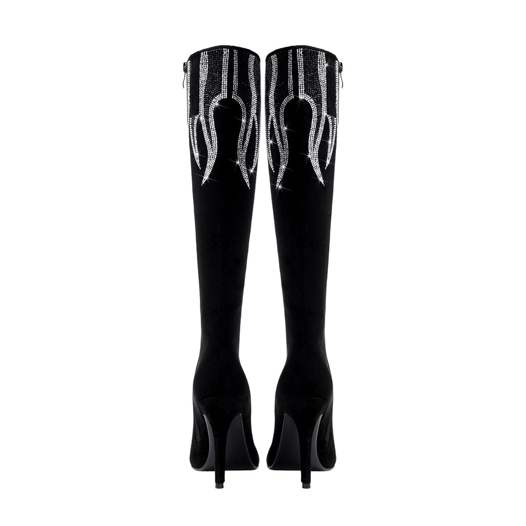 Black and Sliver Flame Pointed Toe Knee High Boots