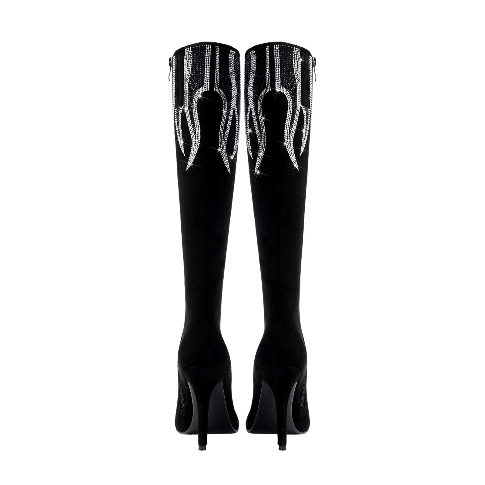 Black and Sliver Flame Pointed Toe Knee High Boots