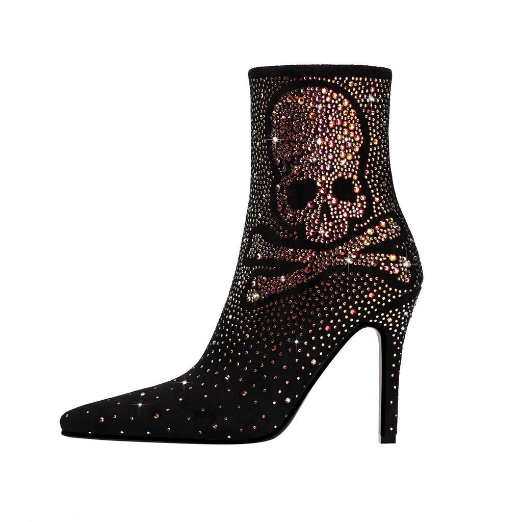 Crystal Encrusted Skull and Bones Black Ankle Boots