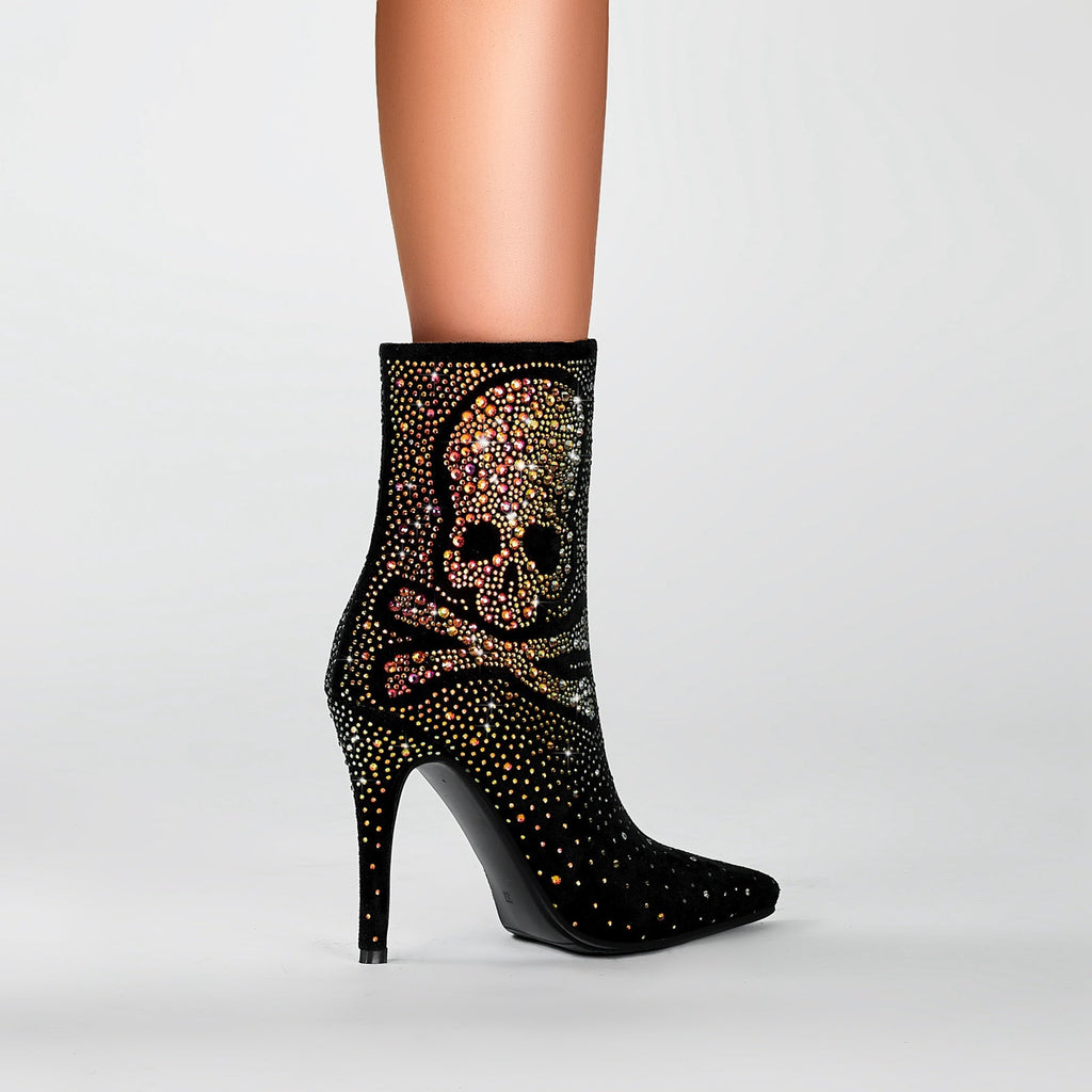 Crystal Encrusted Skull and Bones Black Ankle Boots