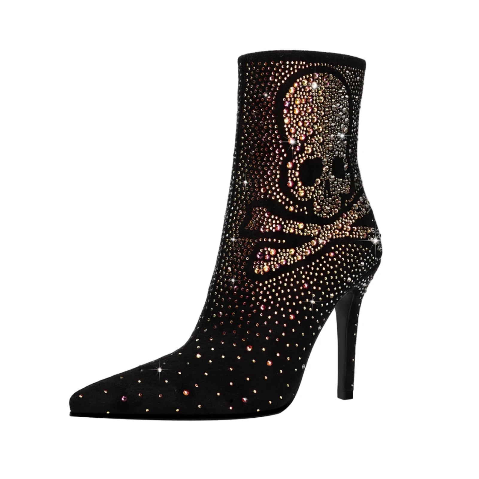 Crystal Encrusted Skull and Bones Black Ankle Boots
