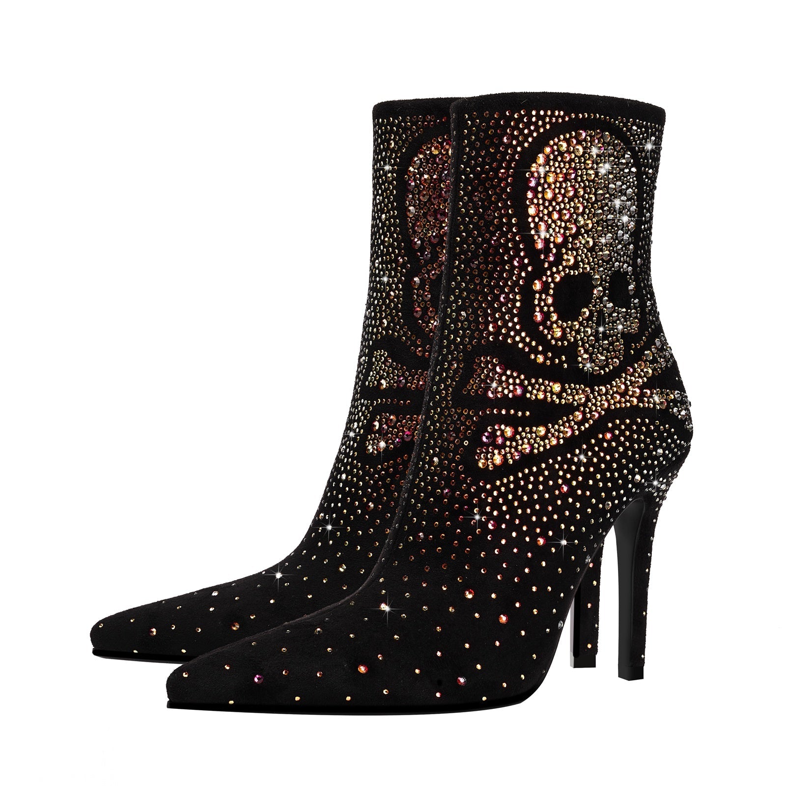 Crystal Encrusted Skull and Bones Black Ankle Boots