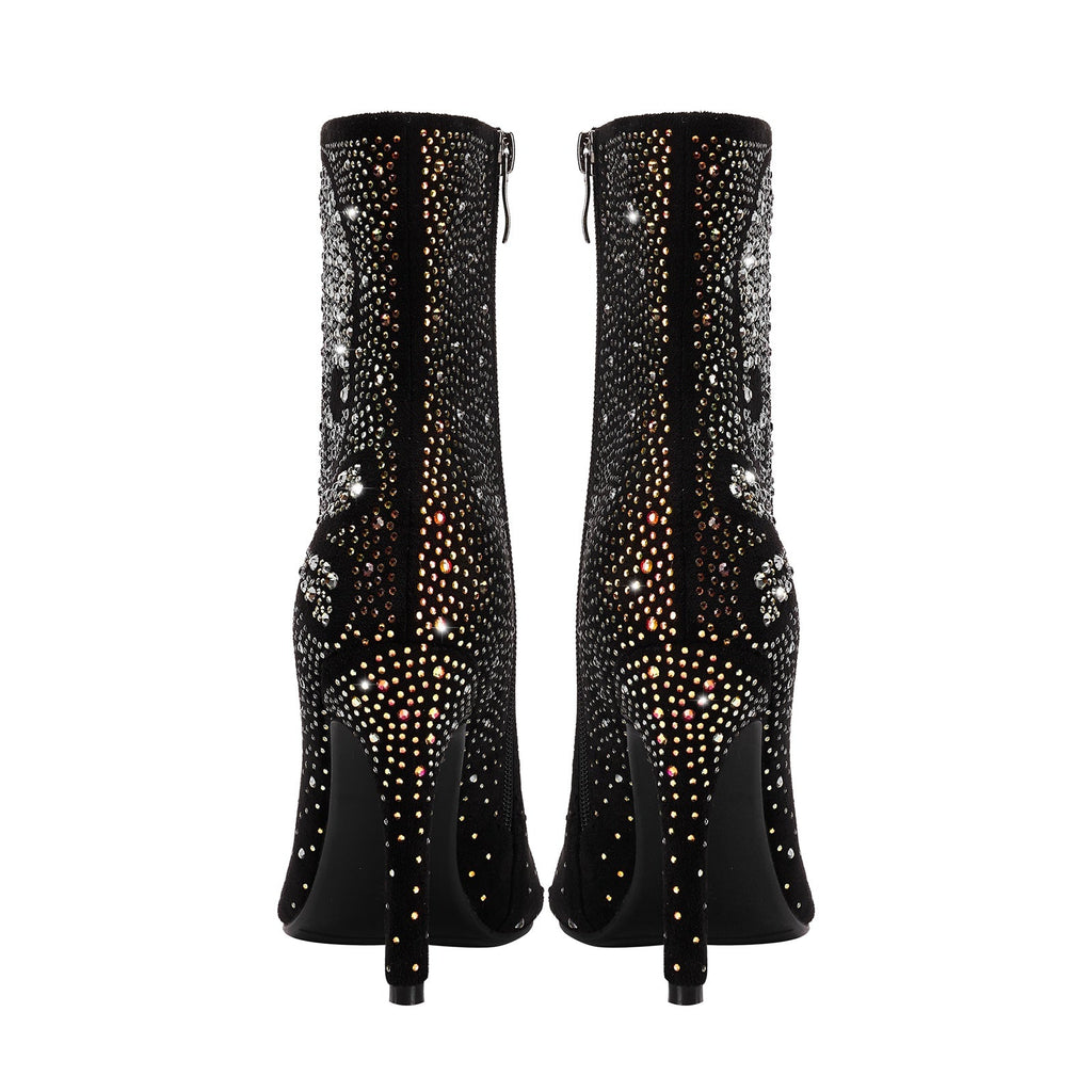 Crystal Encrusted Skull and Bones Black Ankle Boots