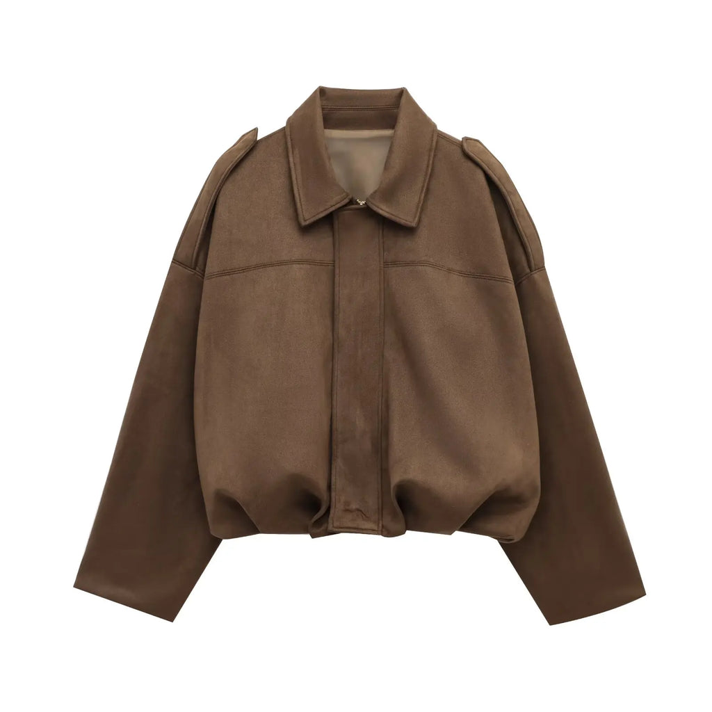 PB&ZA 2025 Women Faux Suede Collared Jacket with Shoulder Straps Loose Fit Stylish Olive Green for Sale on AliExpress