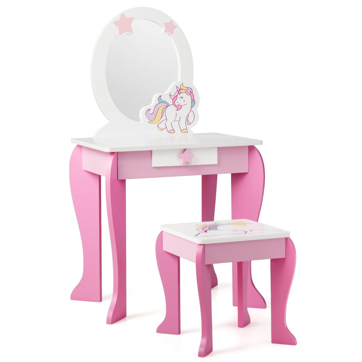 NNECW Kids Vanity Table and Chair Set with Mirror &amp Stool-Pink-1