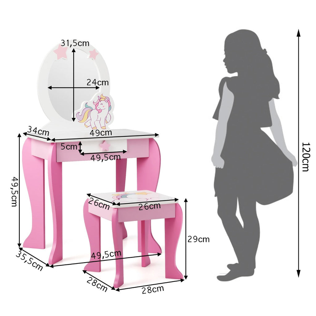 NNECW Kids Vanity Table and Chair Set with Mirror &amp Stool-Pink-3