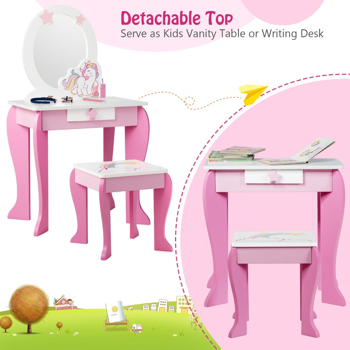 NNECW Kids Vanity Table and Chair Set with Mirror &amp Stool-Pink-4