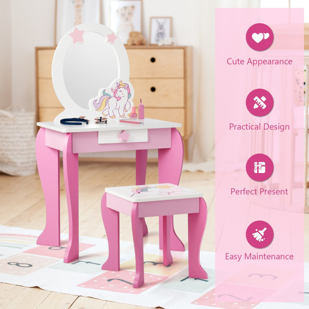 NNECW Kids Vanity Table and Chair Set with Mirror &amp Stool-Pink-2