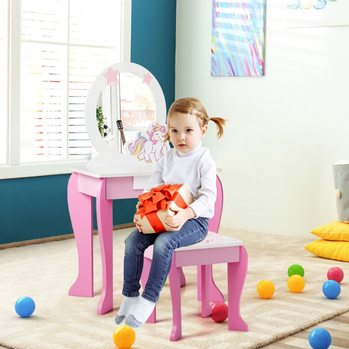NNECW Kids Vanity Table and Chair Set with Mirror &amp Stool-Pink-0