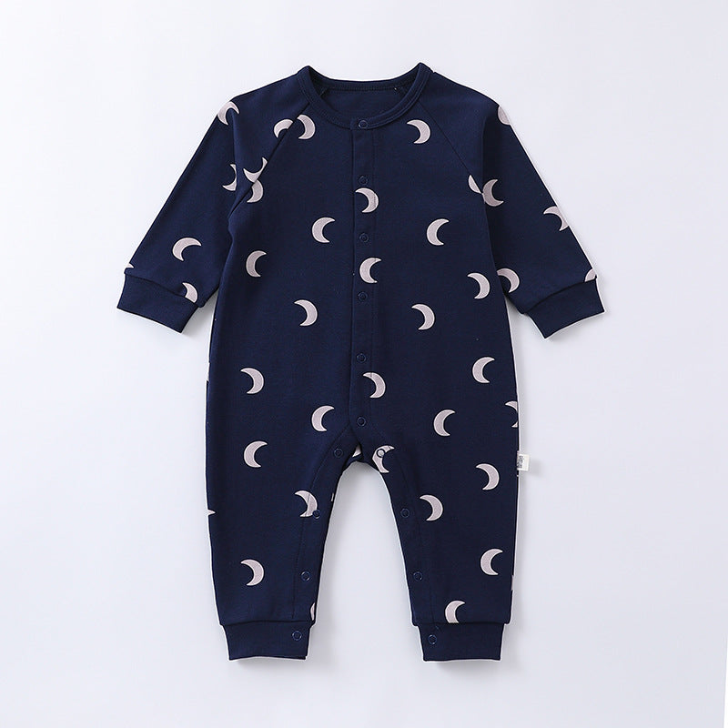 Spring Moon/Dogs Print Crew Neck Single Breasted Comfy Rompers-2
