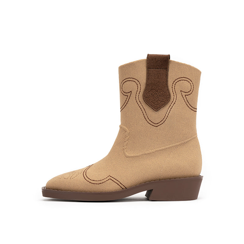 Retro Mid Calf Pointed Toe Flat Cowboy Boots-0