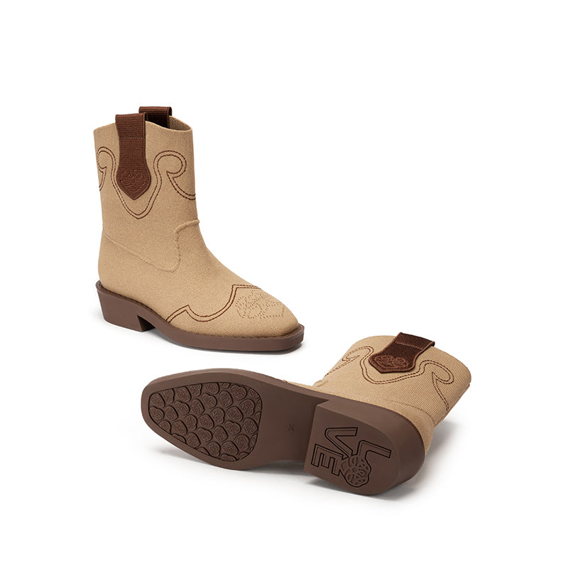 Retro Mid Calf Pointed Toe Flat Cowboy Boots-1