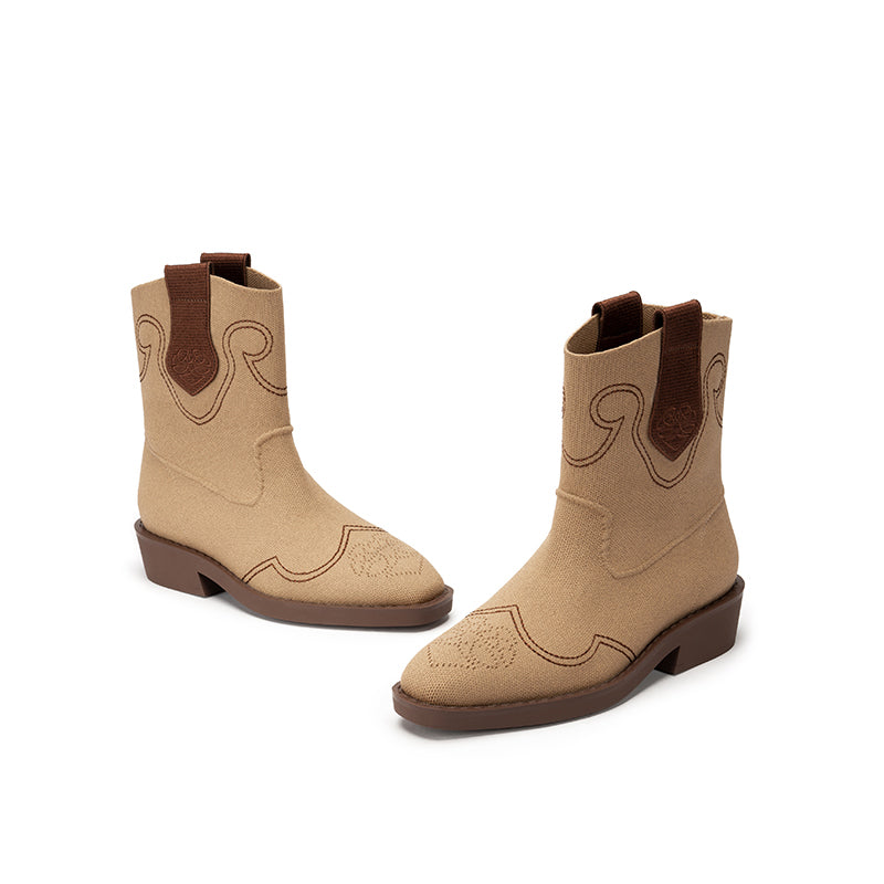 Retro Mid Calf Pointed Toe Flat Cowboy Boots-2