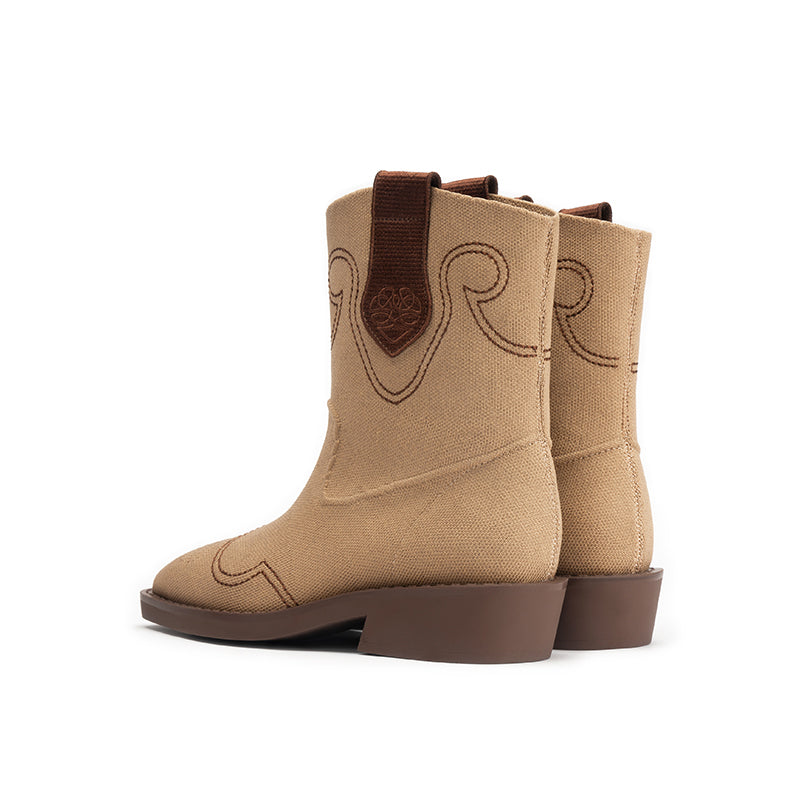 Retro Mid Calf Pointed Toe Flat Cowboy Boots-3