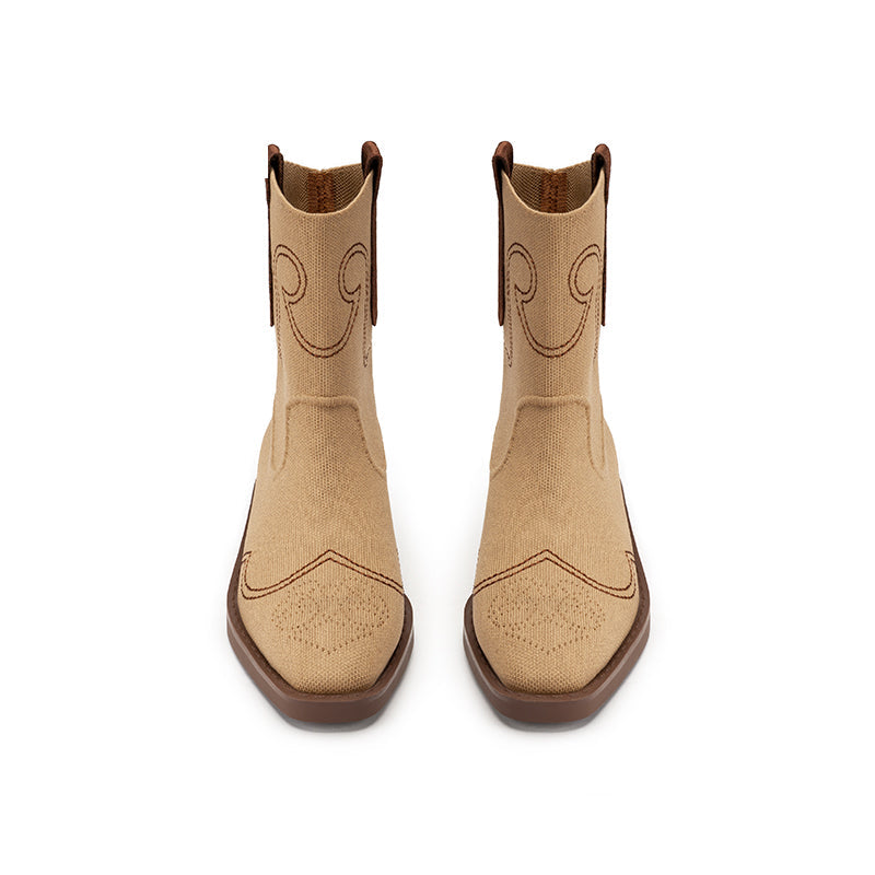 Retro Mid Calf Pointed Toe Flat Cowboy Boots-4