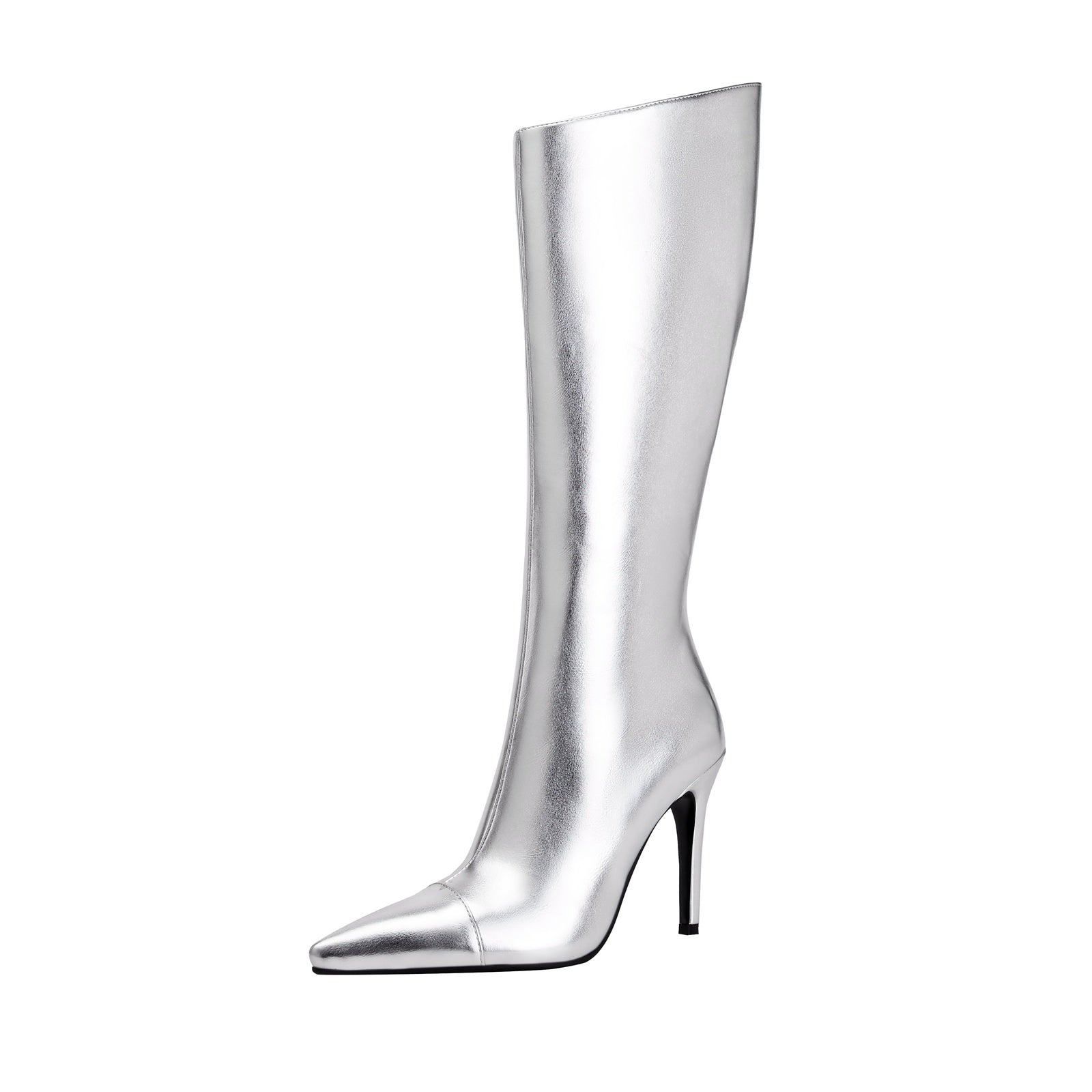 Sleek Silver Metallic Pointed Knee High Boots-2